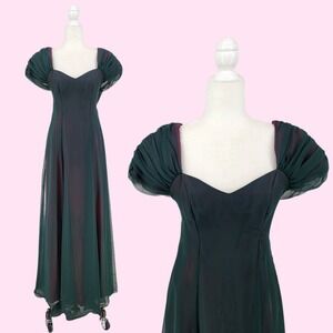 Vintage Y2K Prom Dress Maxi Gown Fairy Goth Dark Glam Green Bow Whimsy XS 7/8